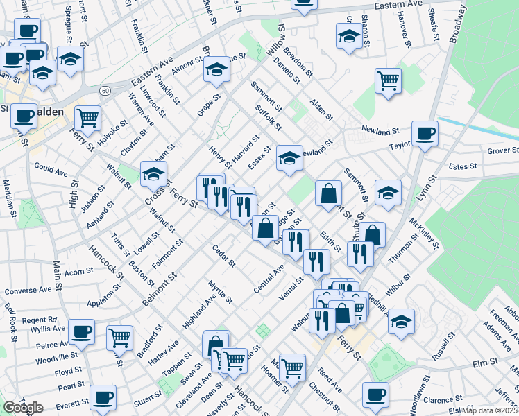 map of restaurants, bars, coffee shops, grocery stores, and more near 16 Ashton Street in Everett