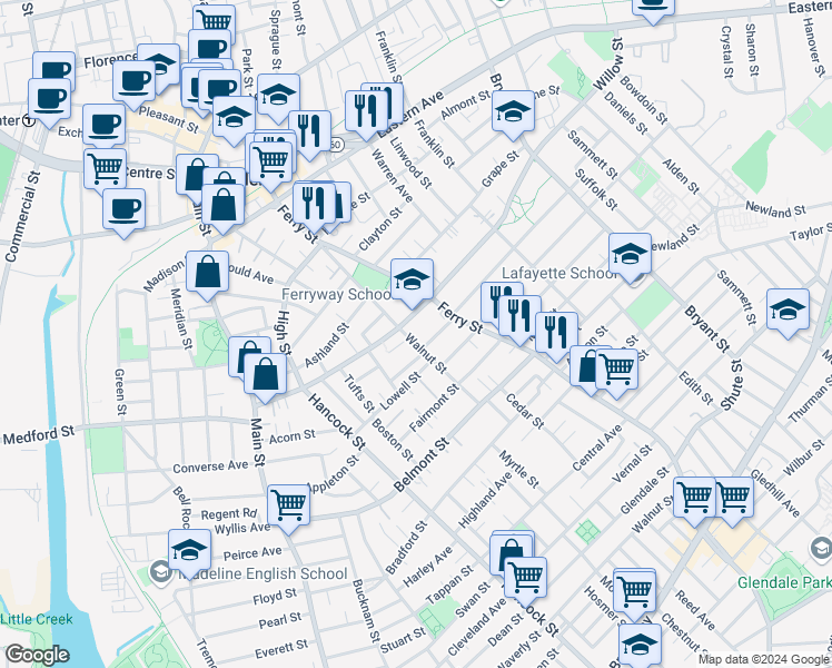 map of restaurants, bars, coffee shops, grocery stores, and more near 24 Oxford Street in Malden