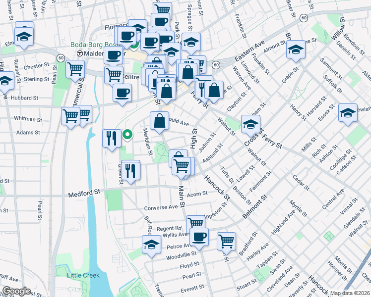 map of restaurants, bars, coffee shops, grocery stores, and more near 107 Judson Street in Malden