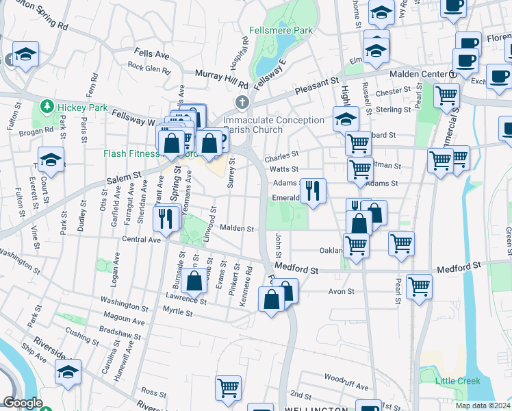 map of restaurants, bars, coffee shops, grocery stores, and more near in Middlesex County