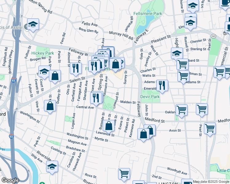 map of restaurants, bars, coffee shops, grocery stores, and more near 44 Linwood Street in Medford