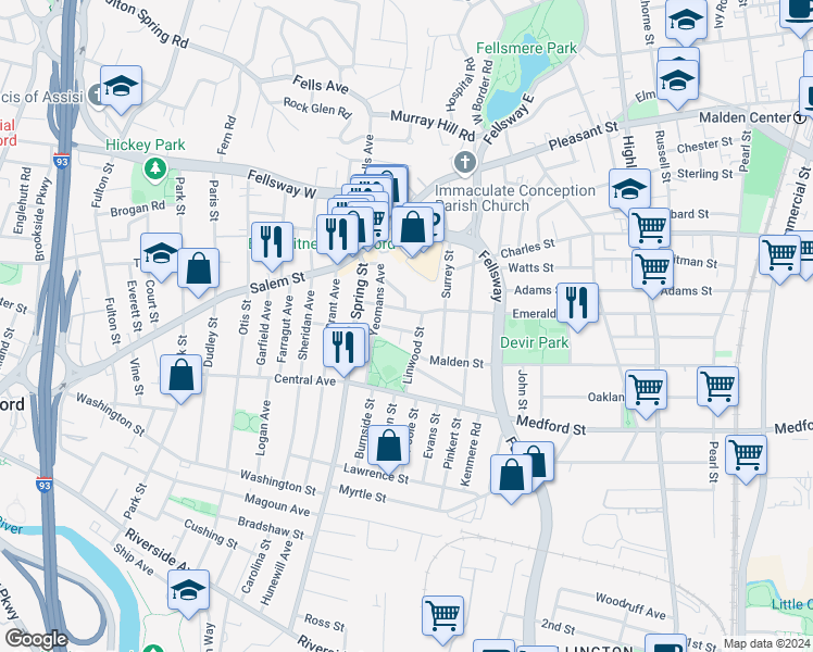 map of restaurants, bars, coffee shops, grocery stores, and more near 44 Linwood Street in Medford