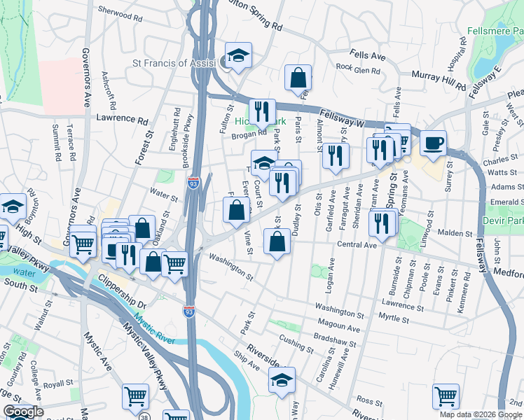 map of restaurants, bars, coffee shops, grocery stores, and more near 9 Revere Place in Medford