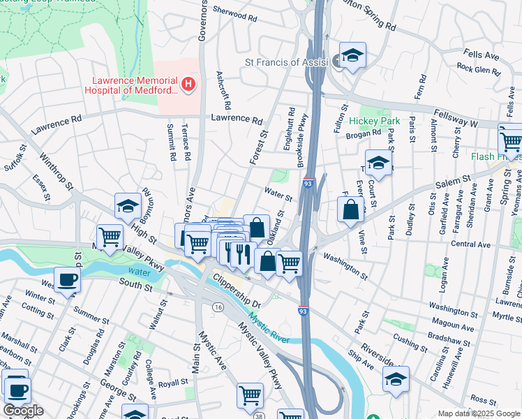 map of restaurants, bars, coffee shops, grocery stores, and more near 34 Oakland Street in Medford