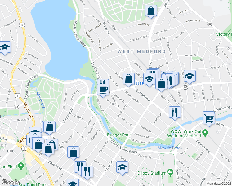 map of restaurants, bars, coffee shops, grocery stores, and more near 25 Sharon Street in Medford