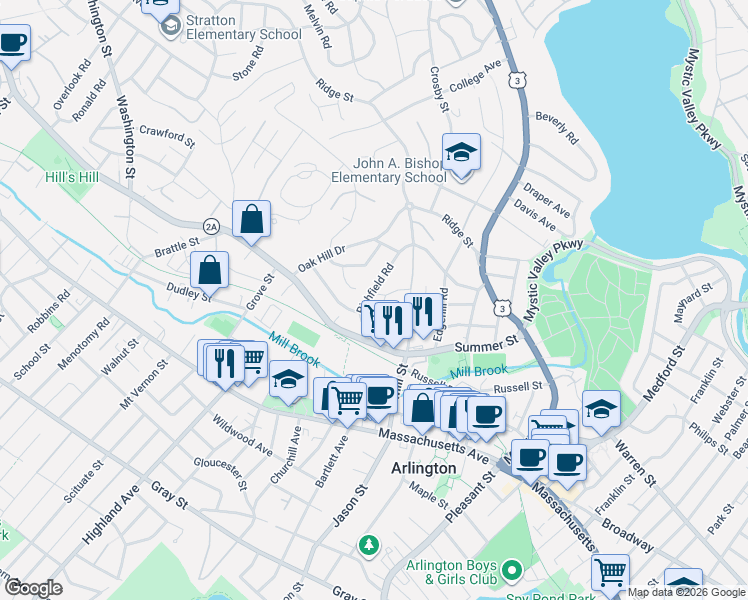 map of restaurants, bars, coffee shops, grocery stores, and more near 20 Orlando Avenue in Arlington
