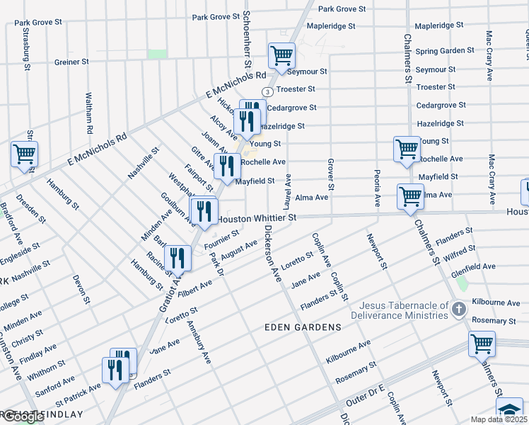 map of restaurants, bars, coffee shops, grocery stores, and more near 13034 Houston Whittier Street in Detroit