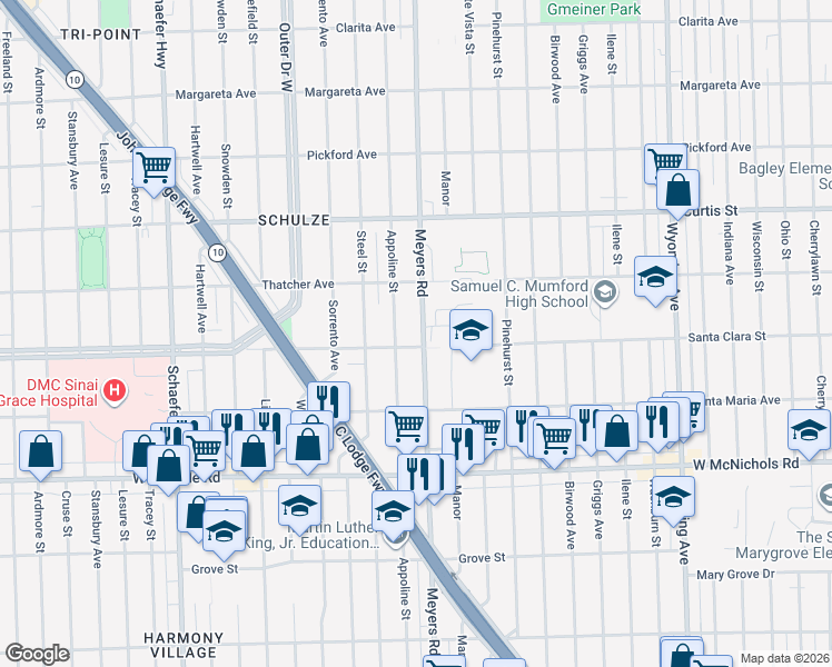 map of restaurants, bars, coffee shops, grocery stores, and more near 12705 Santa Clara Street in Detroit