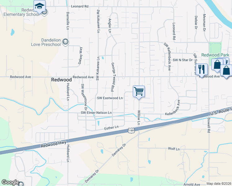 map of restaurants, bars, coffee shops, grocery stores, and more near 1670 Nunnwood Lane in Grants Pass
