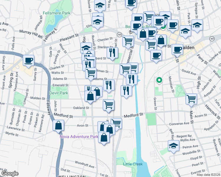 map of restaurants, bars, coffee shops, grocery stores, and more near 262 Pearl Street in Malden