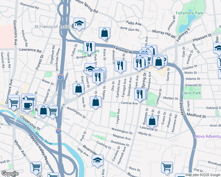 map of restaurants, bars, coffee shops, grocery stores, and more near 91 Dudley Street in Medford