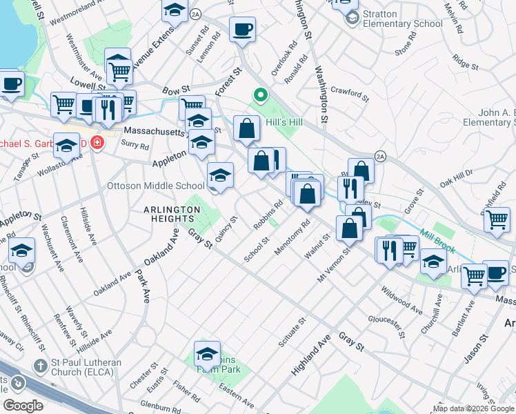 map of restaurants, bars, coffee shops, grocery stores, and more near 33 Robbins Road in Arlington