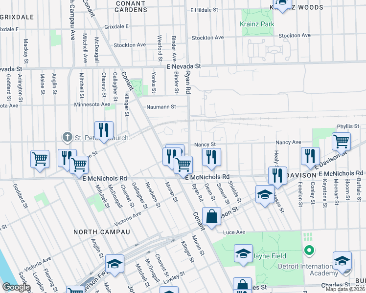 map of restaurants, bars, coffee shops, grocery stores, and more near 17193 Ryan Road in Hamtramck