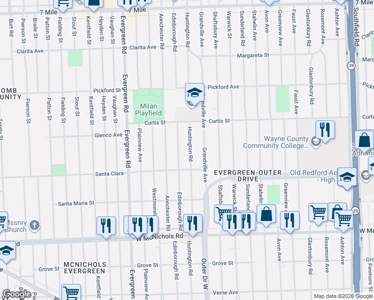 map of restaurants, bars, coffee shops, grocery stores, and more near 17527 Huntington Road in Detroit