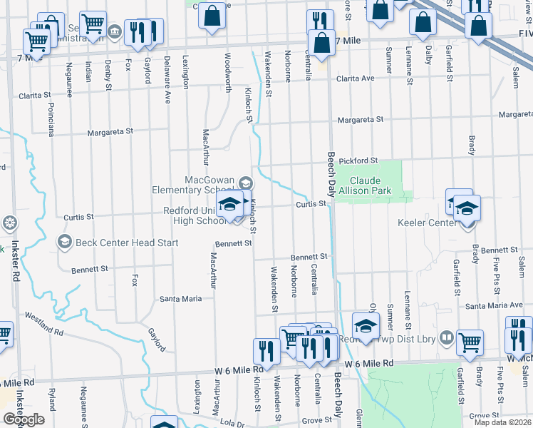 map of restaurants, bars, coffee shops, grocery stores, and more near 17690 Kinloch in Redford Charter Township