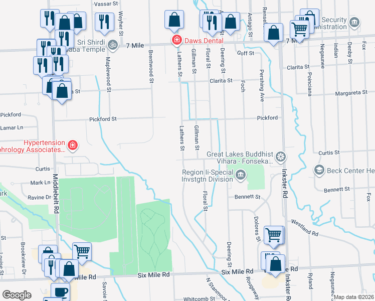 map of restaurants, bars, coffee shops, grocery stores, and more near 10101 Floral Street in Livonia