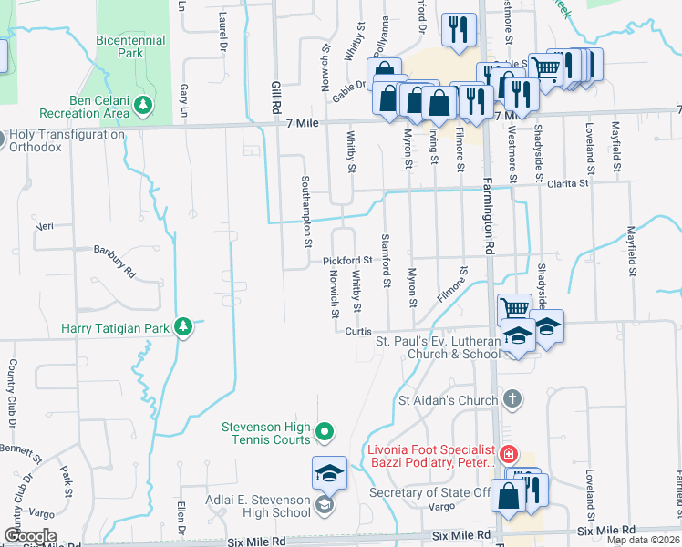 map of restaurants, bars, coffee shops, grocery stores, and more near 18287 Norwich Road in Livonia