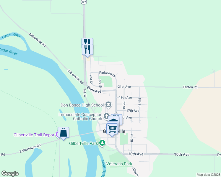 map of restaurants, bars, coffee shops, grocery stores, and more near 406 20th Avenue in Gilbertville