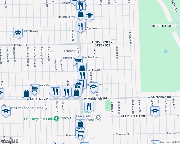 map of restaurants, bars, coffee shops, grocery stores, and more near 17357 Quincy Street in Detroit