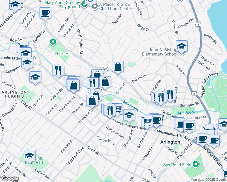 map of restaurants, bars, coffee shops, grocery stores, and more near 11 Dudley Street in Arlington