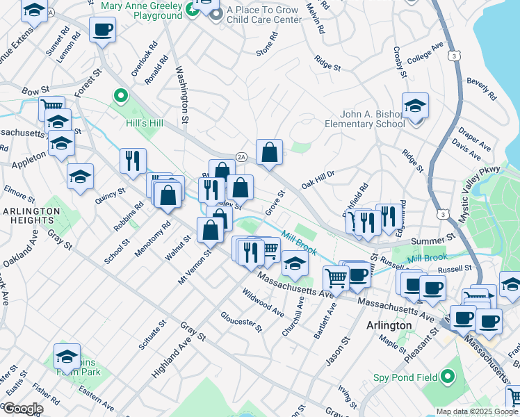 map of restaurants, bars, coffee shops, grocery stores, and more near 44 Grove Street in Arlington