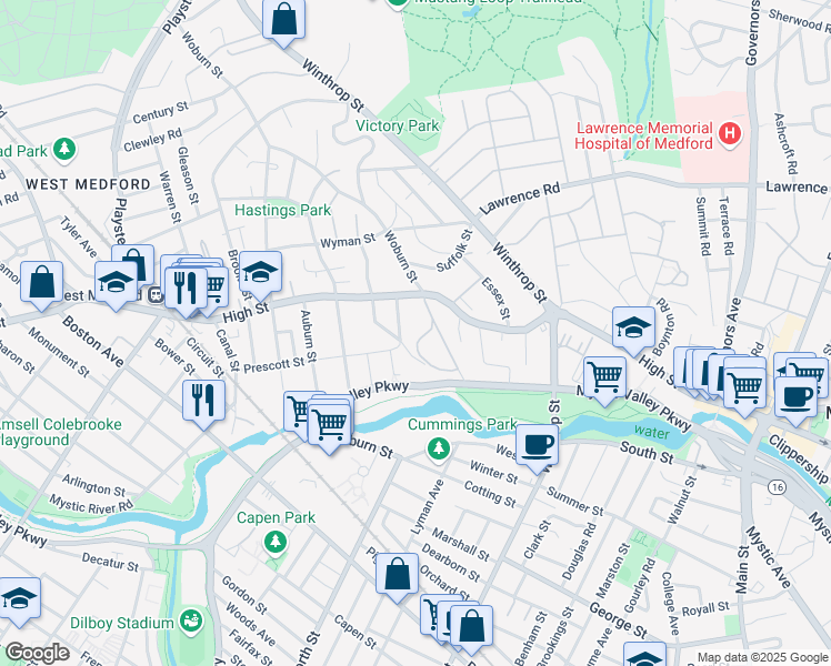 map of restaurants, bars, coffee shops, grocery stores, and more near 15 Rock Hill Street in Medford