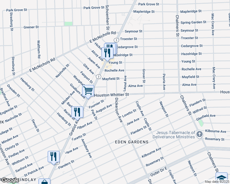 map of restaurants, bars, coffee shops, grocery stores, and more near 13034 Houston Whittier Street in Detroit