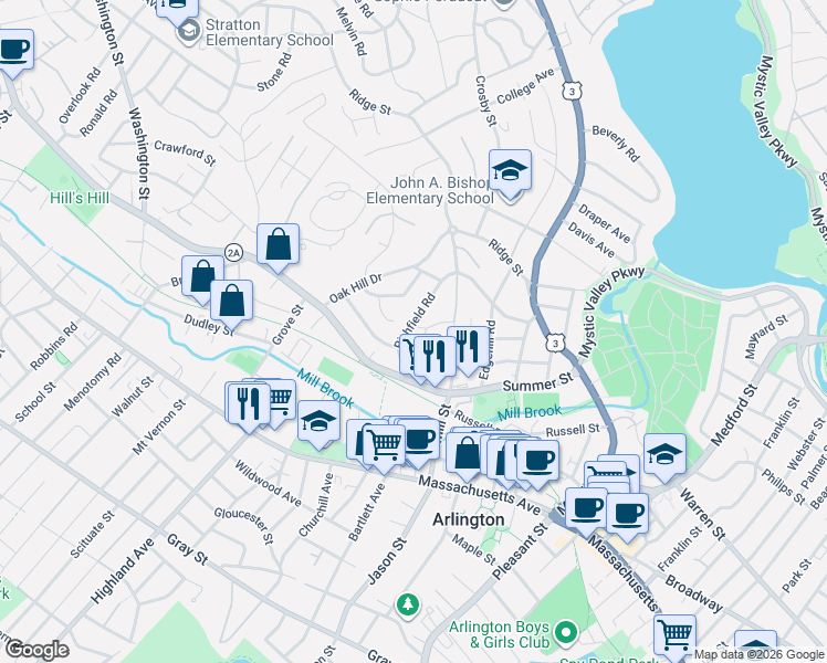 map of restaurants, bars, coffee shops, grocery stores, and more near 71 Richfield Road in Arlington