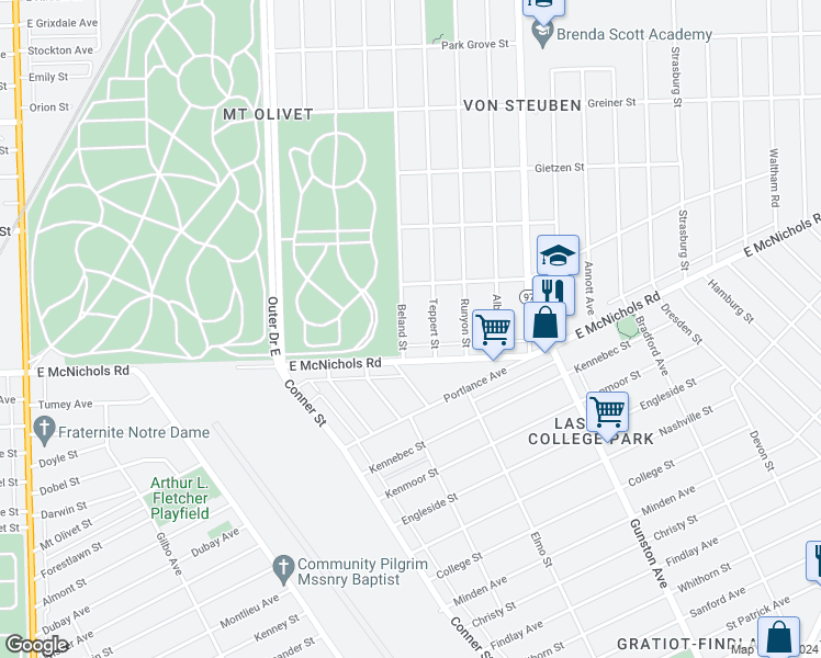 map of restaurants, bars, coffee shops, grocery stores, and more near 17156 Beland Street in Detroit