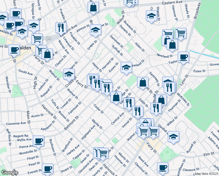map of restaurants, bars, coffee shops, grocery stores, and more near 83-85 Mills Street in Malden