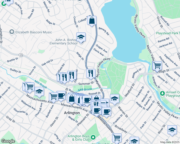 map of restaurants, bars, coffee shops, grocery stores, and more near 43 Rangeley Road in Arlington