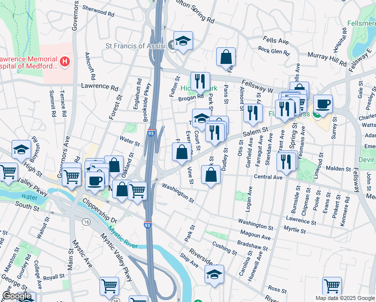 map of restaurants, bars, coffee shops, grocery stores, and more near 24 Court Street in Medford