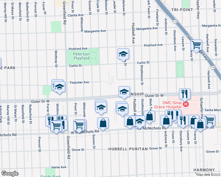 map of restaurants, bars, coffee shops, grocery stores, and more near 6700 Outer Drive West in Detroit
