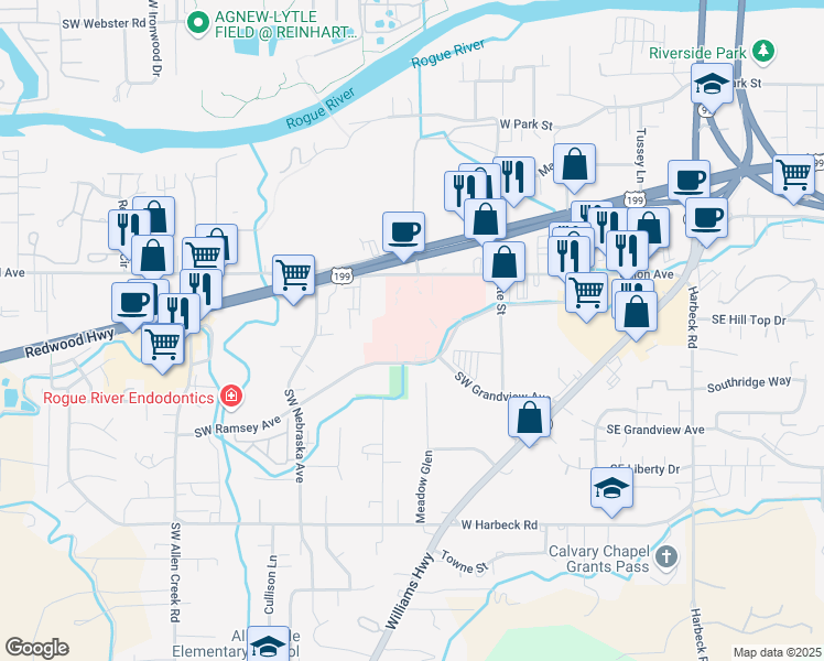 map of restaurants, bars, coffee shops, grocery stores, and more near 500 Southwest Ramsey Avenue in Grants Pass