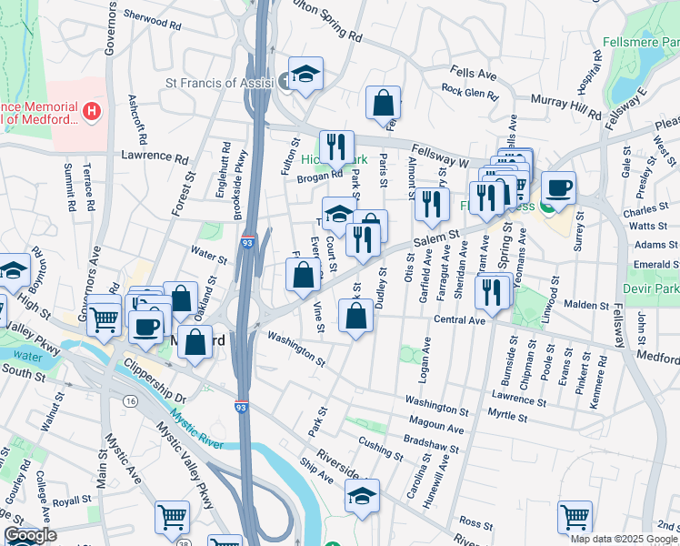 map of restaurants, bars, coffee shops, grocery stores, and more near 260 Salem Street in Medford