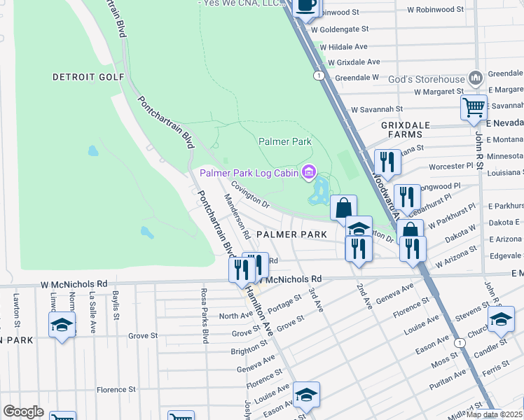 map of restaurants, bars, coffee shops, grocery stores, and more near 900 Merrill Plaisance Street in Detroit