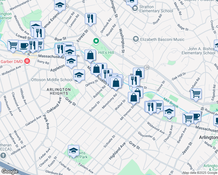 map of restaurants, bars, coffee shops, grocery stores, and more near 26 Laurel Street in Arlington