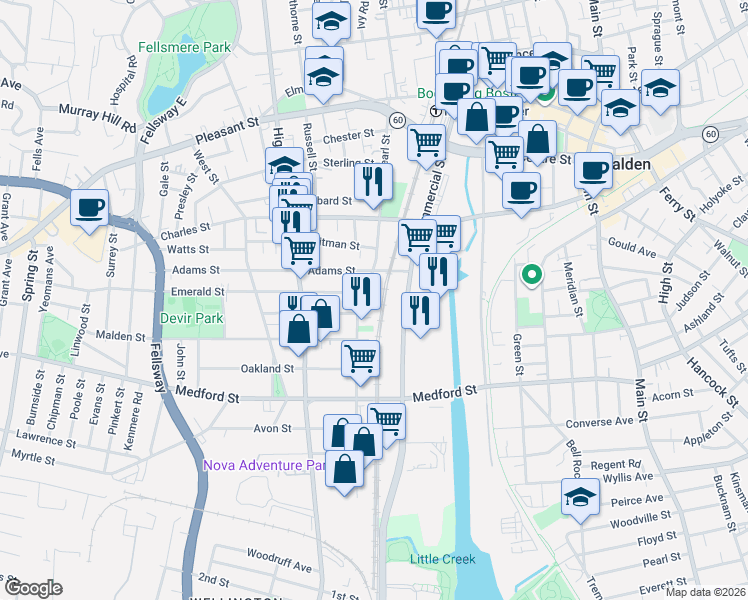map of restaurants, bars, coffee shops, grocery stores, and more near 0 Emerald Street in Malden
