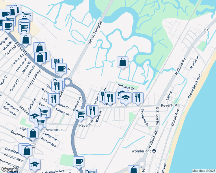 map of restaurants, bars, coffee shops, grocery stores, and more near 105 Douglas Street in Revere
