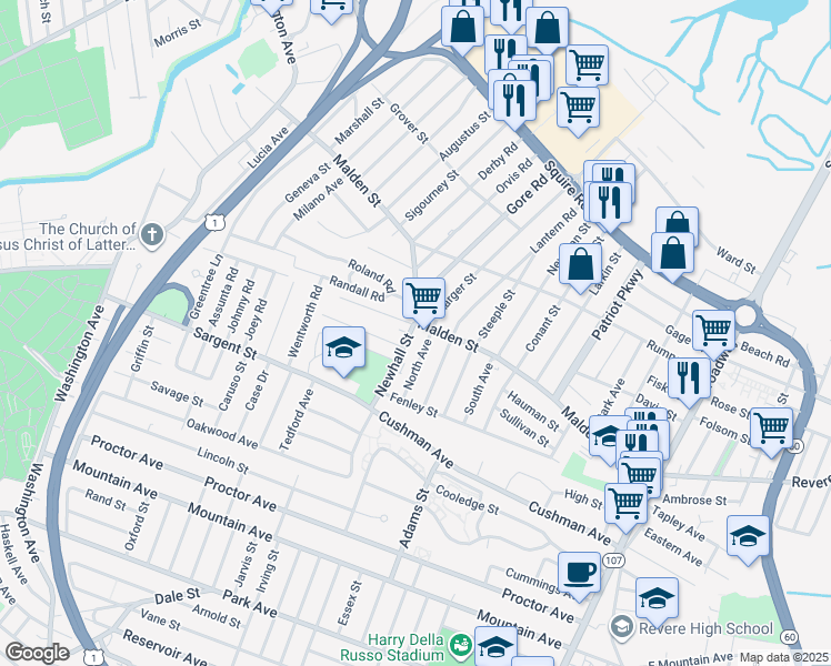 map of restaurants, bars, coffee shops, grocery stores, and more near 320 Malden Street in Revere