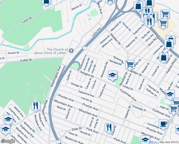 map of restaurants, bars, coffee shops, grocery stores, and more near 42 Joey Road in Revere