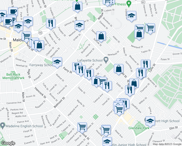 map of restaurants, bars, coffee shops, grocery stores, and more near 83-85 Mills Street in Malden