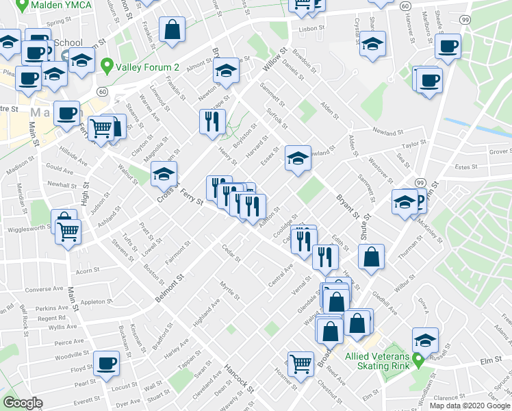map of restaurants, bars, coffee shops, grocery stores, and more near 85 Mills Street in Malden