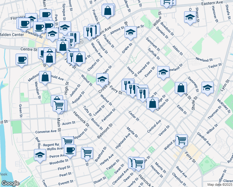 map of restaurants, bars, coffee shops, grocery stores, and more near 380 Ferry Street in Malden
