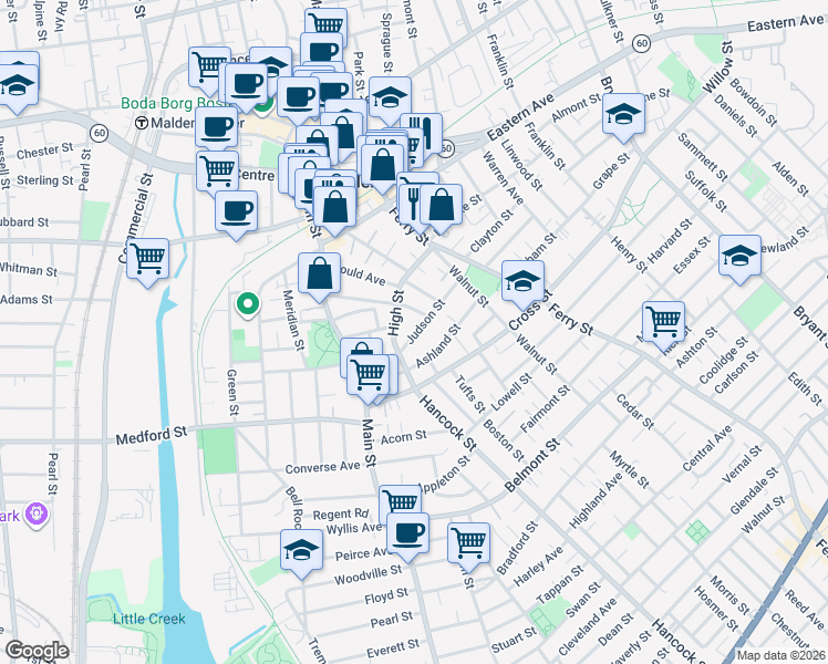 map of restaurants, bars, coffee shops, grocery stores, and more near 67 Newhall Street in Malden