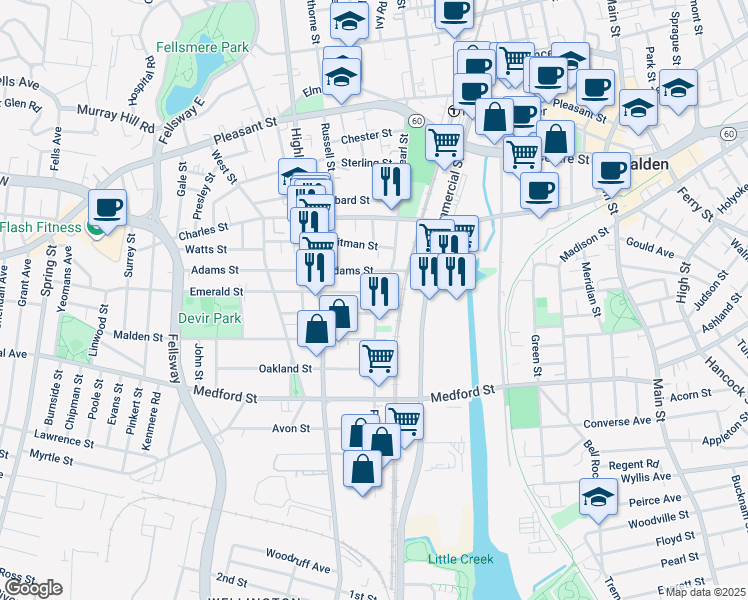 map of restaurants, bars, coffee shops, grocery stores, and more near 38 Adams Street in Malden
