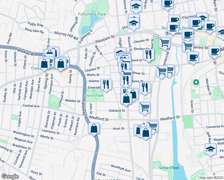 map of restaurants, bars, coffee shops, grocery stores, and more near 140 West Street in Malden