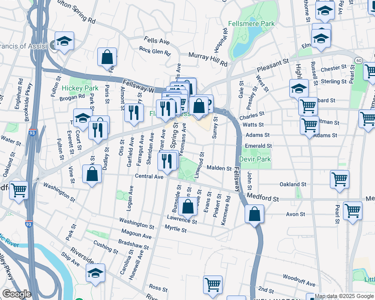 map of restaurants, bars, coffee shops, grocery stores, and more near 16 Emerald Street in Medford