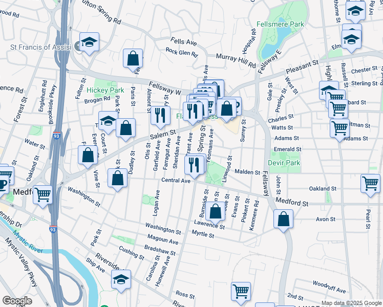 map of restaurants, bars, coffee shops, grocery stores, and more near 125 Grant Avenue in Medford