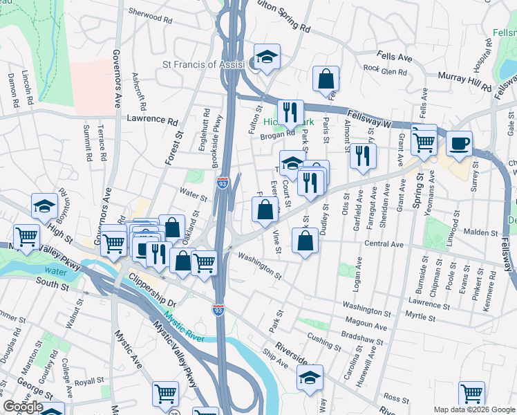 map of restaurants, bars, coffee shops, grocery stores, and more near 42 Fulton Street in Medford